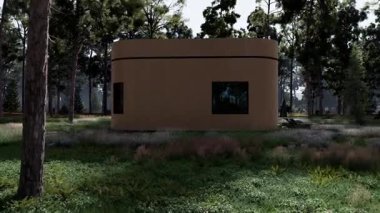 Çağdaş, güzel bir ahşap kulübe, yemyeşil bir ormana mükemmel bir şekilde yerleşmiş, doğa severler için ideal. 3d canlandırma