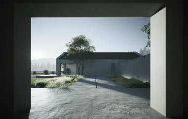 Modern mimarinin doğayla harmanlanmasının çarpıcı bir örneği, zarif bir minimalist tasarım sergiliyor. 3B Hazırlama