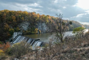 Serin bir şelale, canlı bir sonbahar yeşilliği çerçeveli yosunlu kayaların üzerine dökülür.