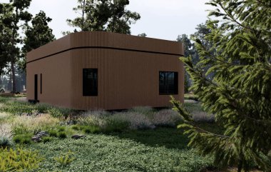 Çağdaş, güzel bir ahşap kulübe, yemyeşil bir ormana mükemmel bir şekilde yerleşmiş, doğa severler için ideal. 3d hazırlayıcı