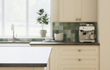 Bu şık mutfak zarif tasarımı içeriyor. Nane yeşili fayanslar ve zarif bir tezgahı var. 3d hazırlayıcı