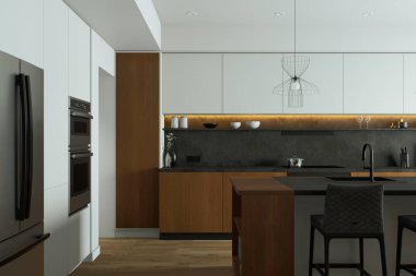 Bu modern mutfak zarif ahşap elementlere ve karanlık kaplamalara sahiptir, çağdaş yaşam ve yemek için mükemmeldir. 3B Hazırlama 