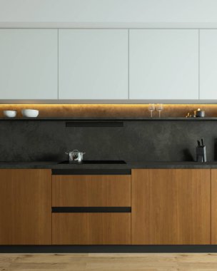 Bu şık ve şık mutfak çağdaş tasarım elementleriyle birlikte güzel ahşap dolaplar içeriyor. 3B Hazırlama