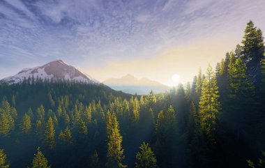 Puslarla kaplanmış görkemli dağların huzur dolu manzarası, gerçekten huzurlu bir şafak ortamı yakalıyor. 3d hazırlayıcı