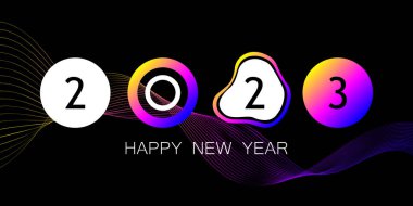 2023 Mutlu Yıllar logosu modern tarzda yazılmış. Elementlerle birlikte neon kıvrımlı dalgalı çizgi. Siyah arkaplan üzerine modern şablon çizimi. Vektör