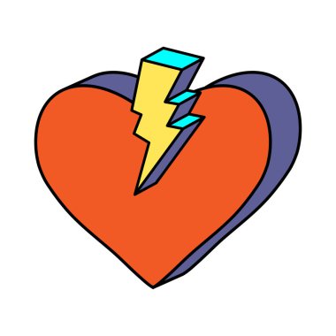 Sevimli kalp pop sanatı tarzı. Çizgi film 80 'ler-90' lar. Sevgililer Günü için yıldırımlı kalp. Vektör illüstrasyonu beyaz arkaplanda izole edildi.