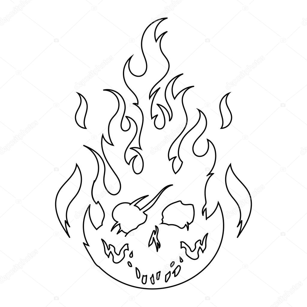 Burning skull on fire, line icon illustration. Gothic design for prints. Comic style. T-shirt print for Horror or Halloween. Hand drawing illustration isolated on white background.Vector EPS 10