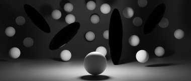 Abstract 3D render. Dark background with falling 3d balls. Dynamic flying bubbles. Modern trendy background, banner, poster, header template for website. Realistic mockup 3D rendering illustration.
