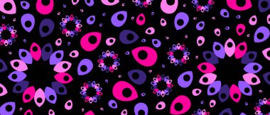 Abstract flowers and petals illustration pattern. Horizontal pink and black patterned background. Abstract vector backdrop.