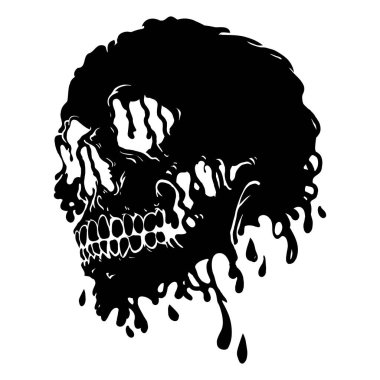 Ürkütücü sümüksü kafatası çizimi. Gotik tasarıma Kurukafa damlatıyor. Korku ya da Cadılar Bayramı için tişört baskısı. Beyaz arkaplanda el çizimi çizimi izole edilmiş. Vektör EPS 10