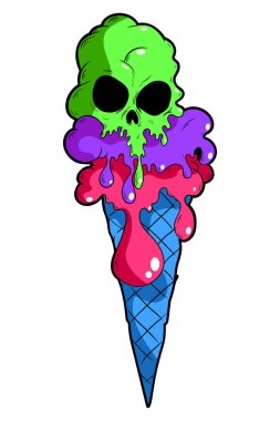 Melting skull ice cream. Gothic ice cream design for Halloween. Hand drawing illustration isolated on white background. Vector EPS 10
