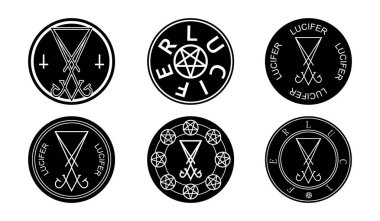 Sigil of Lucifer icon set, stickers or t-shirt print design illustration in Gothic style. Lucifer text in circle, vector isolated on white background.  clipart