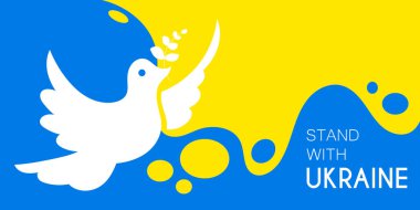 Stand with Ukraine banner illustration. Dove symbol of peace. Abstract Ukrainian flag background with rounded shapes. Vector EPS 10