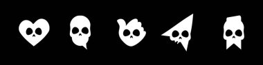 White skull icons set illustration. Like, comment, thumbs up, share and save icons in gothic style. Modern icons for social media and app. Vector isolated on black background.