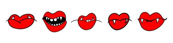 Set Vampire Bite Kiss Illustration Red Lips Vampire Teeth Vampire — Stockvector