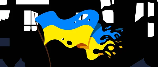 Bandiera Squallida Ucraina Sullo Sfondo Edifici Distrutti Guerra Distrusse Gli — Vettoriale Stock