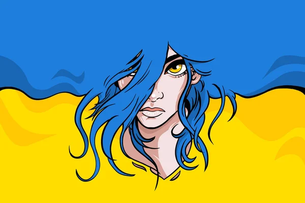 Ucraina Bella Donna Con Capelli Blu Uno Sfondo Giallo Pregate — Vettoriale Stock
