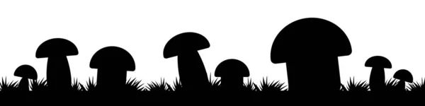 Cogumelos Com Grama Ilustração Horizontal Cogumelos Silhueta Preta Vetor Eps — Vetor de Stock