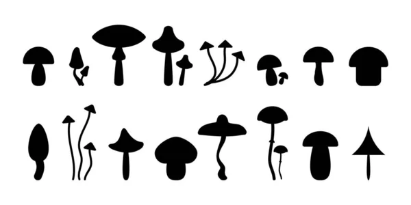 Conjunto Ícones Cogumelos Cogumelos Venenosos Comestíveis Silhueta Preta Vetor Isolado —  Vetores de Stock