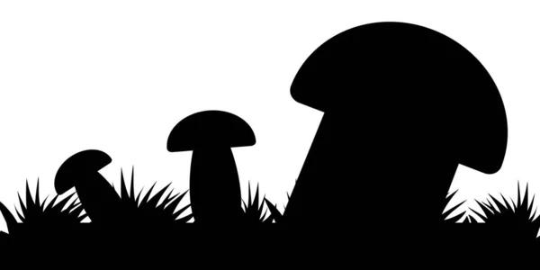 Cogumelos Com Grama Ilustração Horizontal Cogumelos Silhueta Preta Vetor Eps — Vetor de Stock