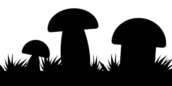 Funghi Con Erba Illustrazione Orizzontale Funghi Silhouette Nera Vettore Eps — Vettoriale Stock