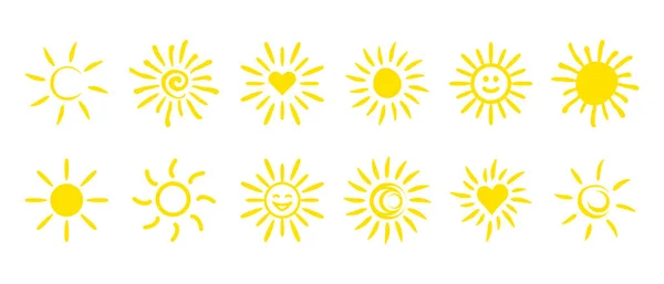 Набір Піктограм Сонця Жовте Сонце Векторні Ілюстрації Ізольовані Білому Тлі — стоковий вектор