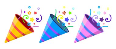 Konfeti partisi ikonları. Havai fişek ikonları. Tatil için tasarım rozetleri. Vektör illüstrasyonu beyaz arkaplanda izole edildi.