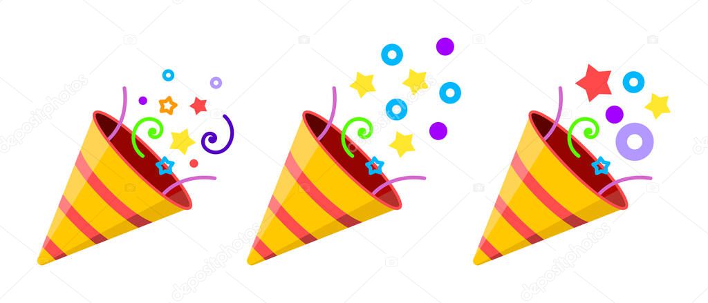 Set of confetti party popper icons. Fireworks icons. Badges for design for the holiday. Vector illustration isolated on white background.