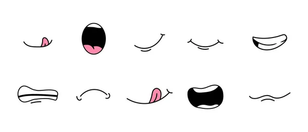 Kreslená Pusa Smutný Šťastný Usměvavý Výraz Ústech Vektorové Ilustrace Izolované — Stockový vektor