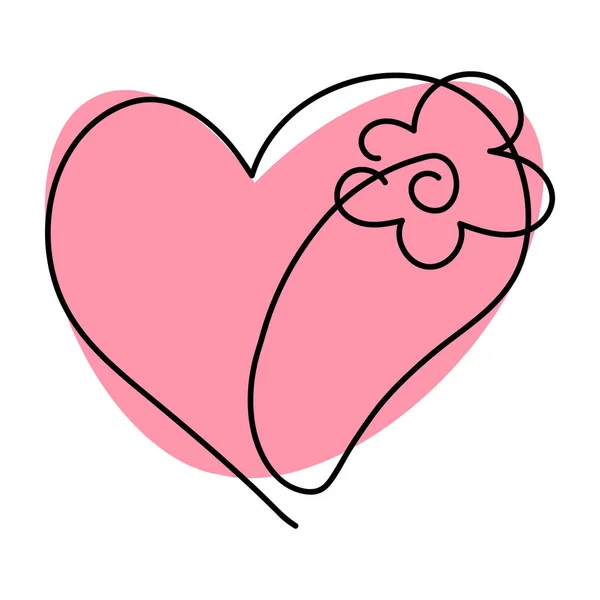 Coeur Mignon Avec Fleur Dessinée Une Seule Ligne Symbole Amour — Image vectorielle