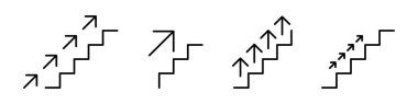 Merdivenler ikon halinde. Siyah ok ikonlu merdivenler. Beyaz arkaplanda izole edilmiş vektör.