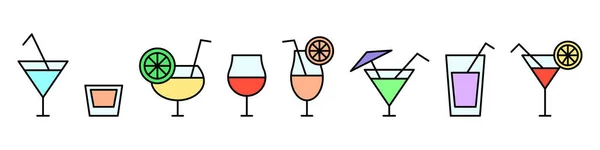 Alcoholic Cocktail Icons Set Cocktail Glasses Flat Icons Vector Isolated — Stock Vector