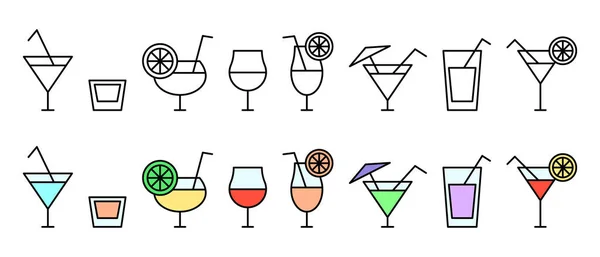 Alkoholos Koktél Ikonok Beállítva Koktélszemüveg Lapos Ikonok Fehér Alapon Izolált — Stock Vector