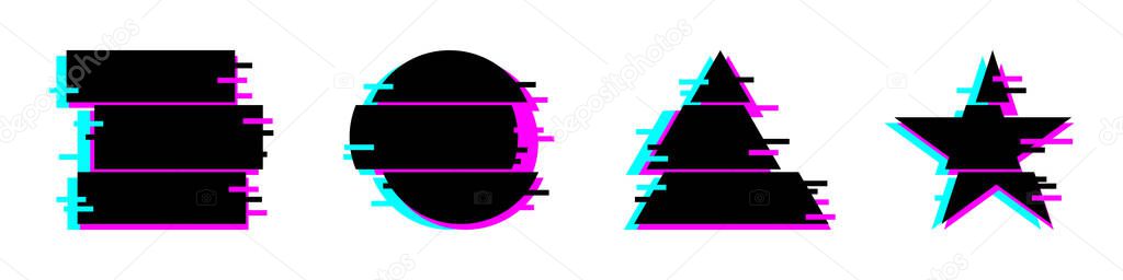 Rave glitch square, circle, triangle and star shapes. Modern icons set for design. Flat style illustration isolated on white background. Vector EPS 10