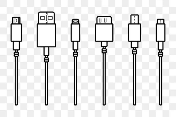 Cables Usb Iconos Rayo Micro Tipos Usb Para Conectores Teléfonos — Vector de stock