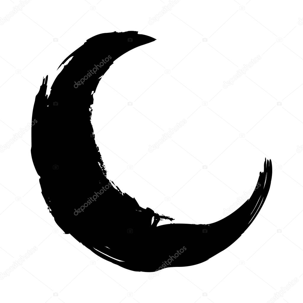 Black moon in grunge brush stroke style. Goth moon for design and prints. Vector illustration isolated on white background.