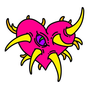 Dişleri olan canavar kalbi. Dikenli kalp çizimi. Cadılar Bayramı tasarımı için korku dolu bir kalp. Beyaz arkaplanda izole edilmiş vektör.