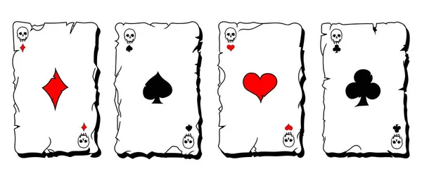 Разорваны Игральные Карты Тузами Старые Покерные Карты Сердцем Лопатой Клюшкой — стоковый вектор