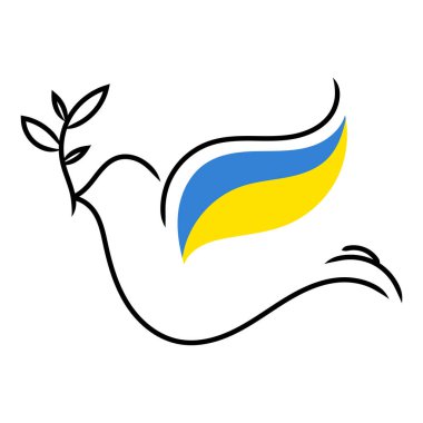 Ukrayna bayrağı taşıyan güvercin. Laurel Branch 'la uçan güvercin. Barışın sembolü. Savaş yok. Vektör illüstrasyonu beyaz arkaplanda izole edildi.