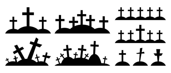 Zestaw Czarnych Sylwetek Cmentarza Groby Krzyżykami Projektu Halloween Ikony Cmentarne — Wektor stockowy