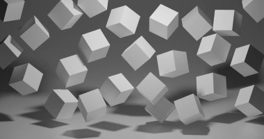 Soyut beyaz 3D küpler koyu arkaplanda uçar. Geometrik şekilli modern arkaplan tasarımı. 3B görüntüleme.