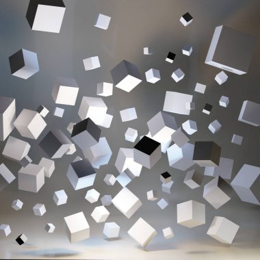 Soyut beyaz 3D küpler koyu arkaplanda uçar. Geometrik şekilli modern arkaplan tasarımı. 3B görüntüleme.