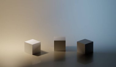 Karanlık bir arka planda üç boyutlu küpler. Boş platformlu modern yatay arkaplan veya afiş. 3B görüntüleme.