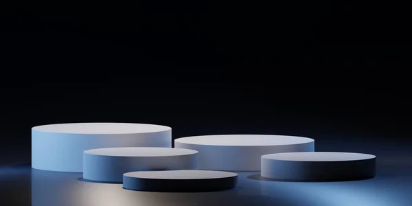 Yuvarlak podyumlu ürün sunumu için soyut koyu mavi arkaplan. Ürünlerin sergilendiği sahne. Podyum 3B görüntüleme.