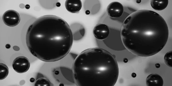 Black shiny spheres fly on a white background. Abstract 3D render. Background with falling 3D balls. Modern trendy background, banner, poster, header template for website.