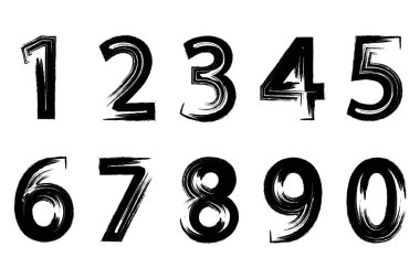 0 'dan 9' a kadar olan tasarım için grunge tarzı siyah sayılar. Sayılar fırça darbeleri. Vektör illüstrasyonu beyaz arkaplanda izole edildi.