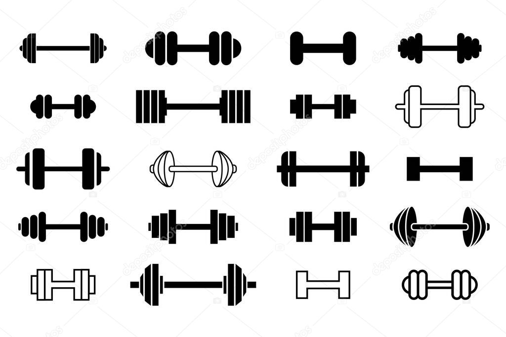 Dumbbells for the gym, icon set. Barbells black symbols. Vector illustration isolated on white background.