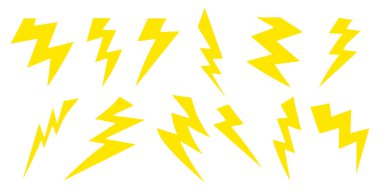 Çizgi film sarı yıldırım çizimi. Çizgi film gibi şimşek çakıyor. Beyaz arkaplanda izole edilmiş vektör.