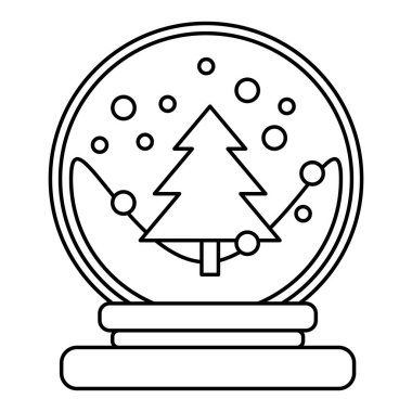 Kar kubbesi çizgisi simgesi. Köknar ağacı ve evi olan kar küresi ikonu. Noel ve yeni yıl tatili için dekorasyon. Vektör illüstrasyonu arkaplanda izole edildi.