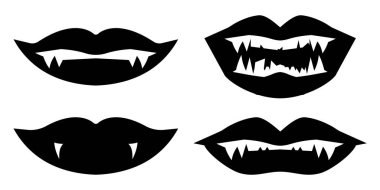 Kara vampir dudakları. Cadılar bayramı için vampir dişi illüstrasyonu. Beyaz arkaplanda izole edilmiş vektör.